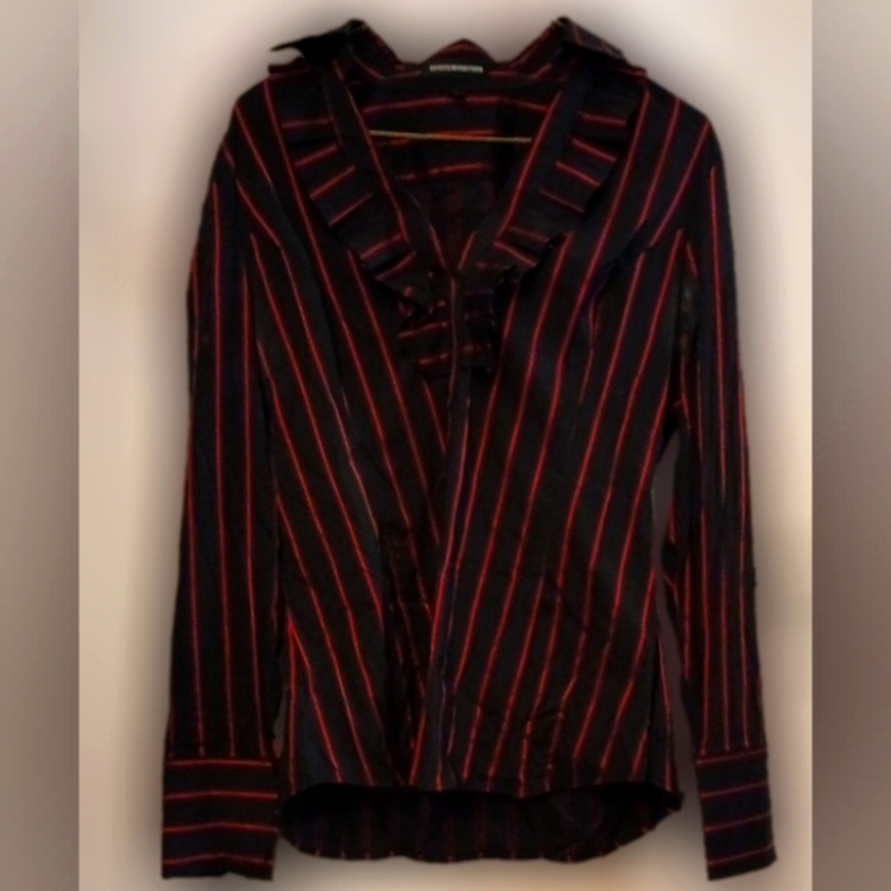 Button down red and back striped dress blouse